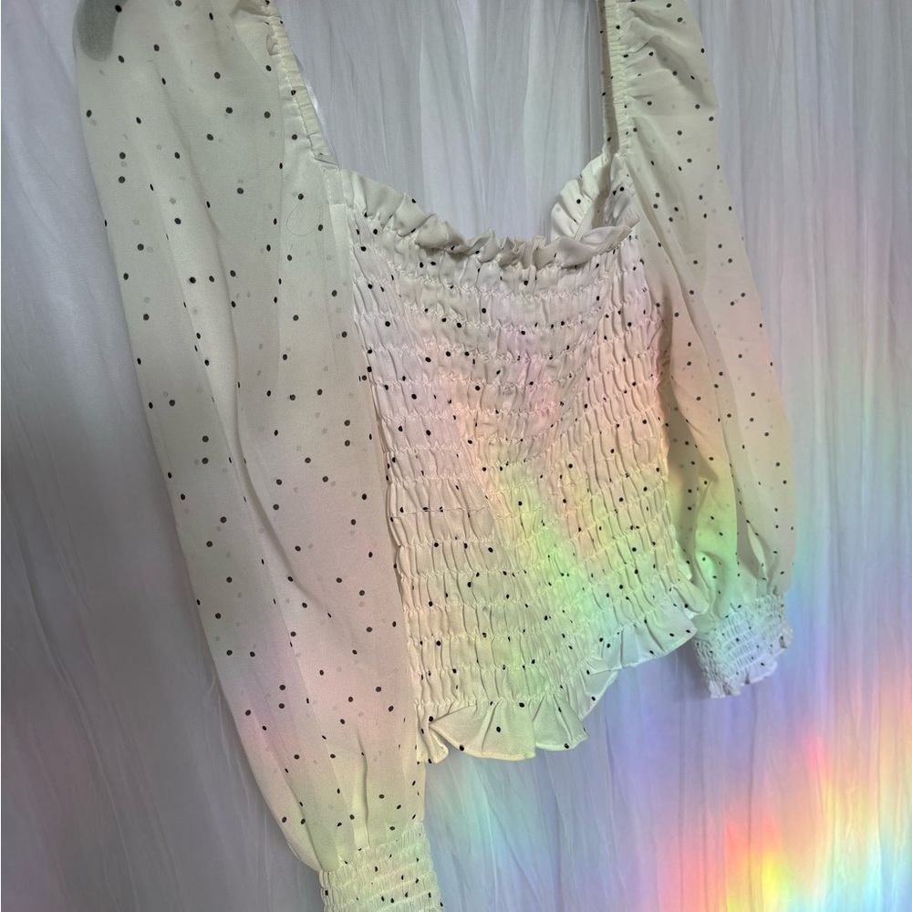 Divided Cream Smocked Ruffled Blouse
